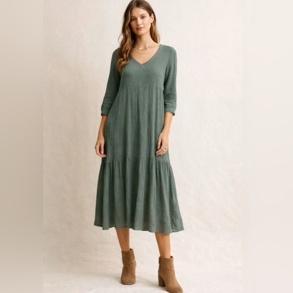 7 For All Mankind Olive Green Cotton Gauze Midi Dress boho peasant style Med